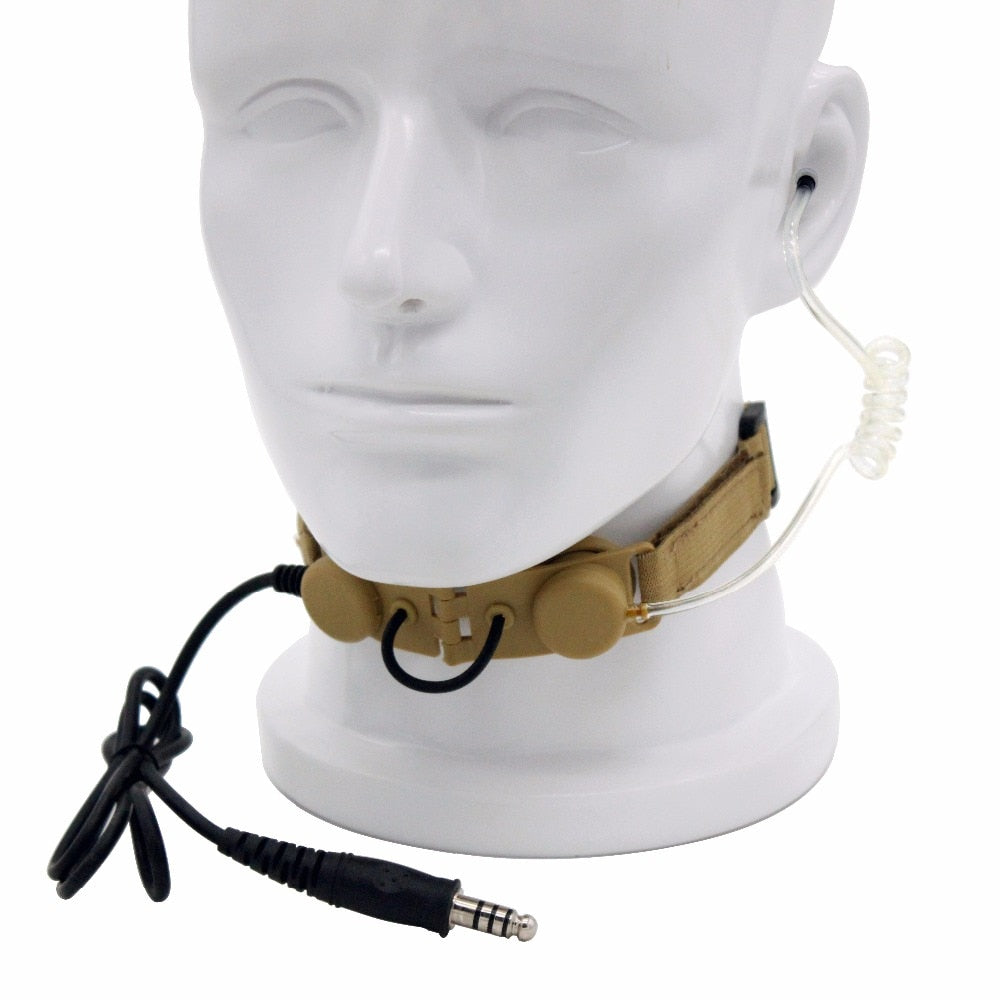 A tan throat mic with an air tube earpiece and a Peltor PTT (Push-To-Talk) button, designed for use with walkie talkies.